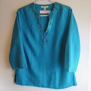 JM Collection Blue Sequin 3/4 Sleeve Linen Top